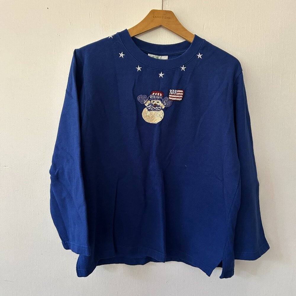 Quacker Factory Vintage Snowman Sweatshirt Medium Blue American Flag Beaded